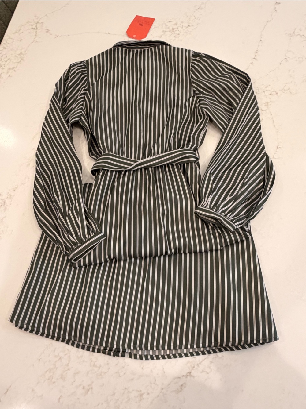 NWT FRNCH Paris Menthe Dress XS Moss Green Striped Button Front Tie Waist Midi - Picture 7 of 8